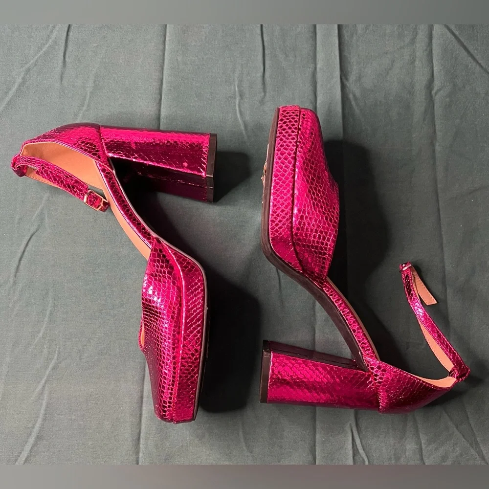 bp Metallic Pink Snakeskin Platform Block Heel Sandals